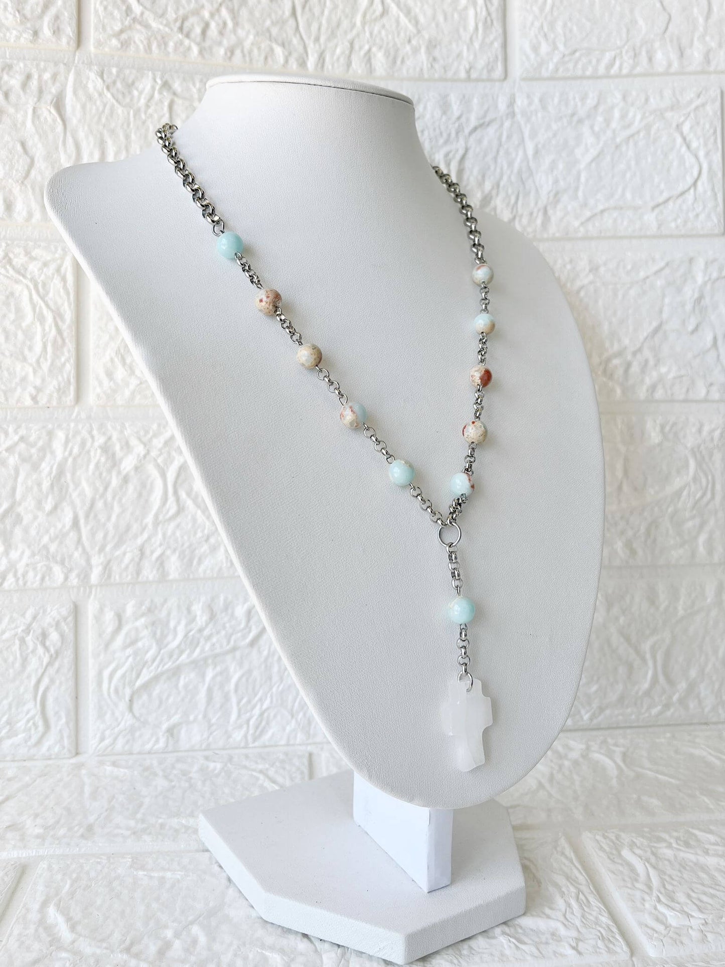 Collar Denario de Acero Quirúrgico, Piedra Jaspe y Ónix