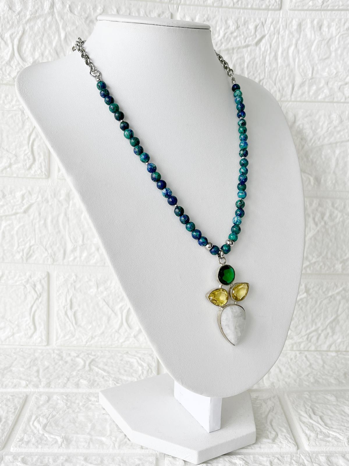 Collar de Piedras Cuarzo Verde, Citrino, Piedra Luna y Azurita