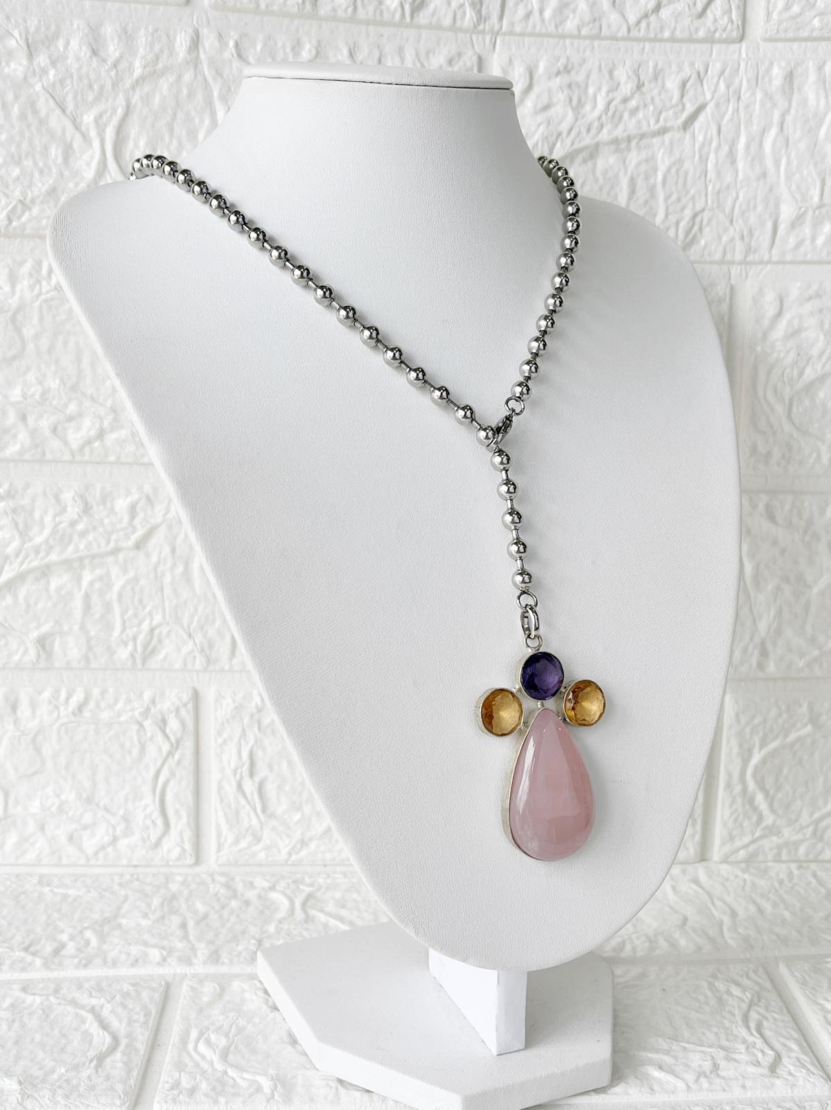 Collar de Piedras Naturales Citrino, Amatista y Cuarzo Rosa