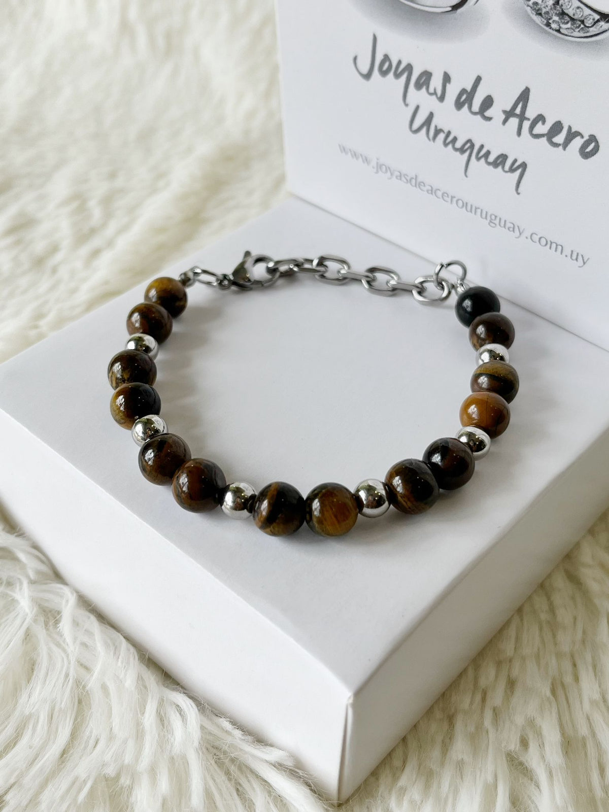 Pulsera de Acero Quirúrgico y Piedras Naturales Ojo de Tigre