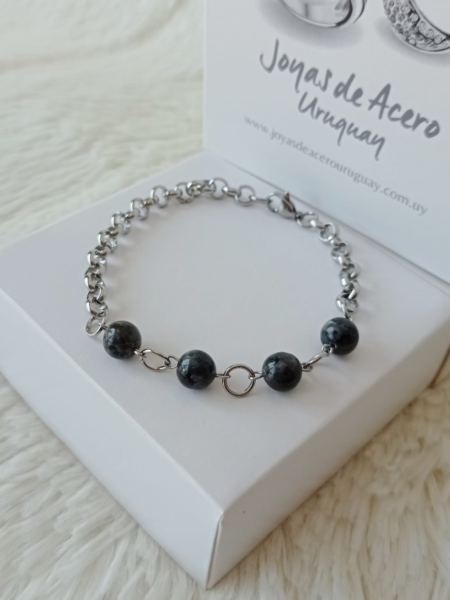 Pulsera de Acero Quirúrgico y Piedra Natural Labradorita