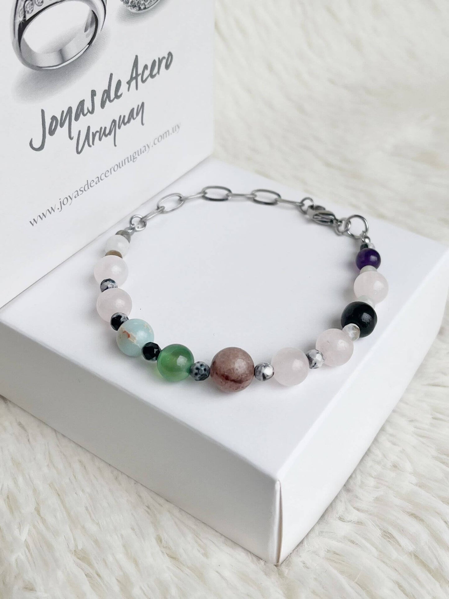 Pulsera de Acero Quirúrgico y Piedras Naturales Arcoiris