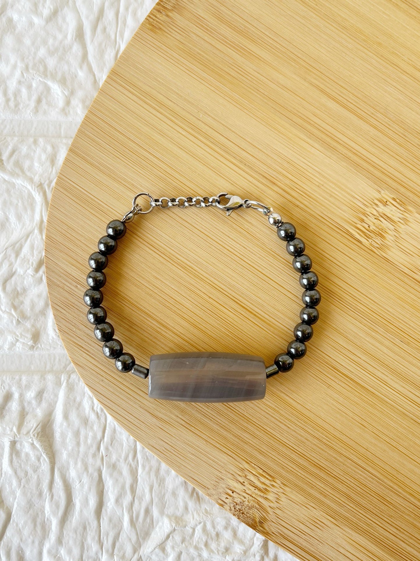 Pulsera de Acero, Piedra Natural Ágata y Hematite