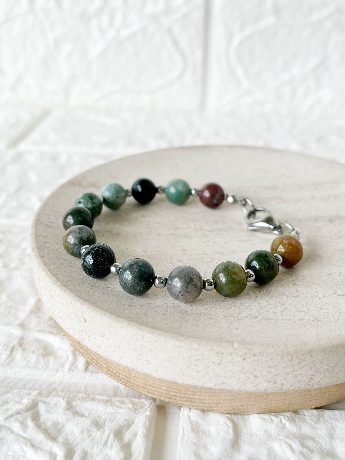 Pulsera de Acero Quirúrgico y Piedra Natural Ágata Musgo