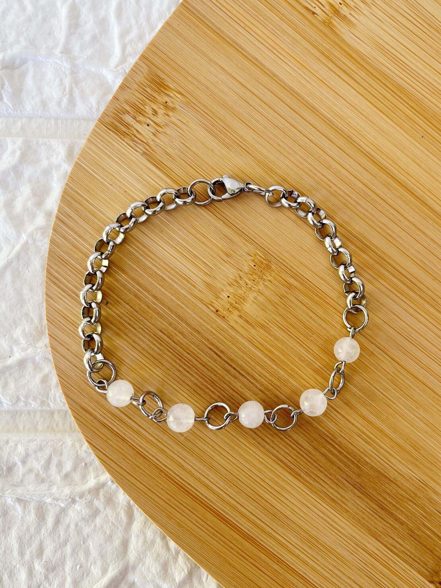 Pulsera de Acero Quirúrgico y Piedra Natural Cuarzo Rosa