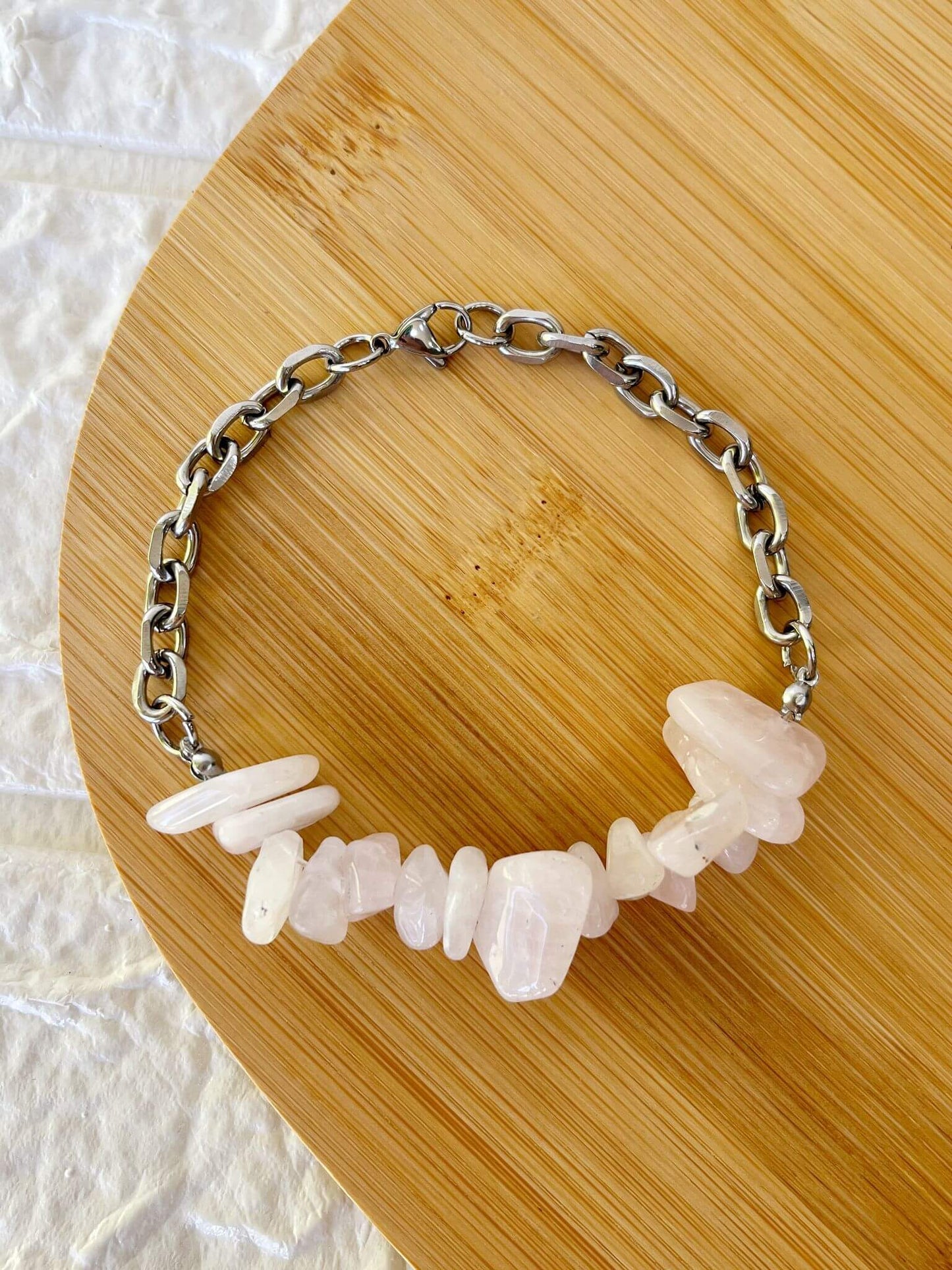 Pulsera de Acero Quirúrgico y Piedra Natural Cuarzo Rosa