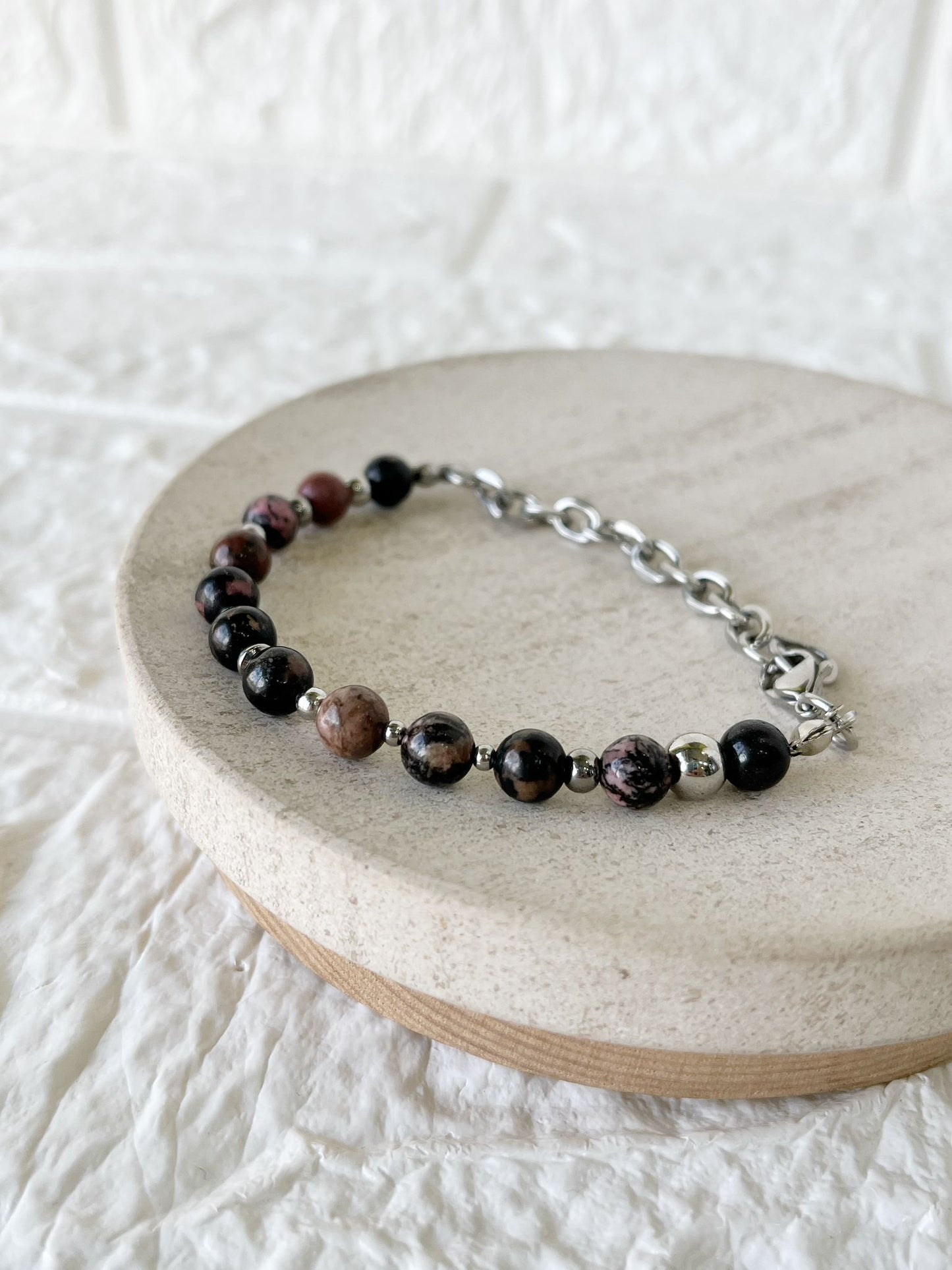 Pulsera de Acero Quirúrgico y Piedra Natural Rodonita