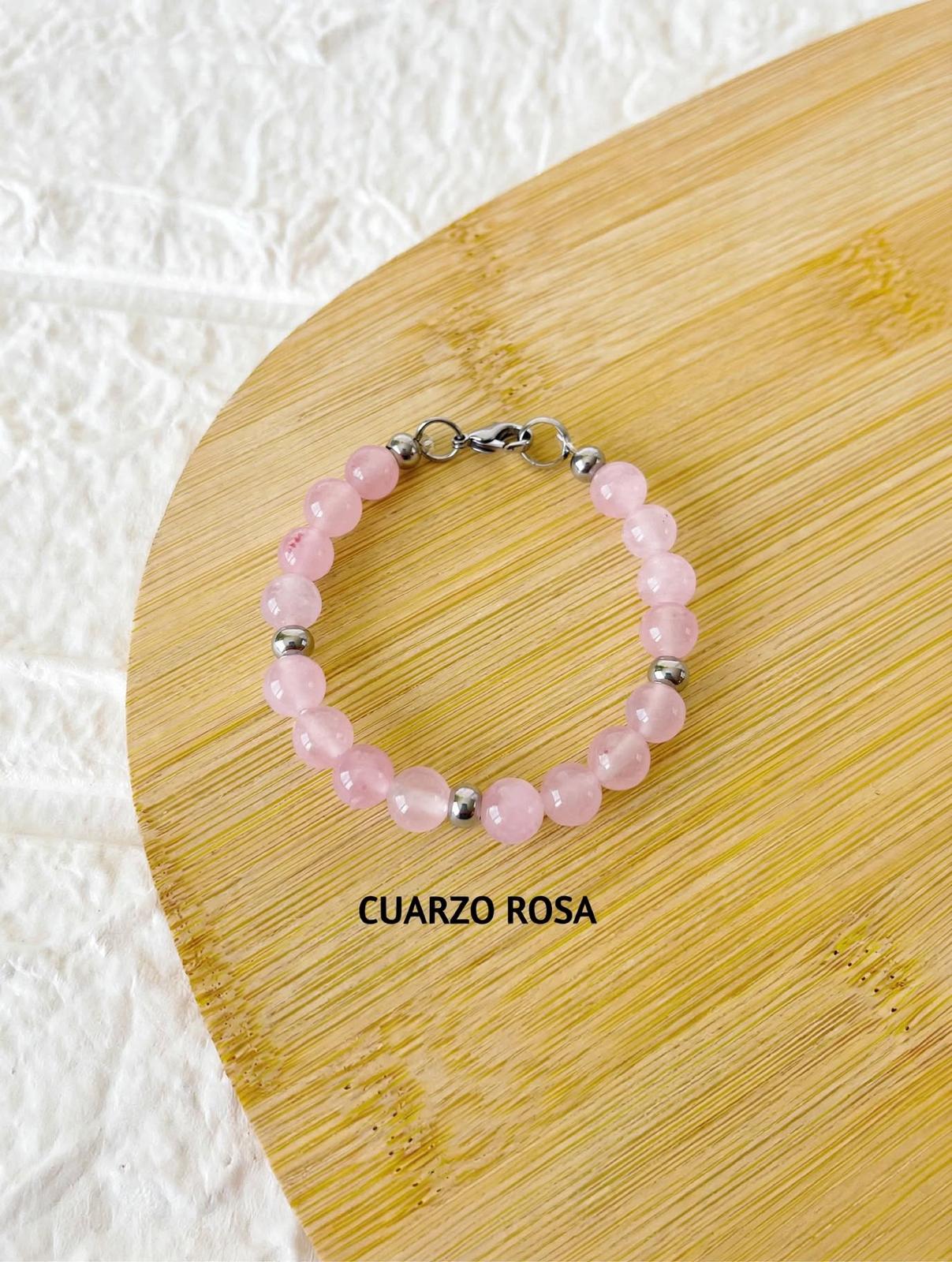 Pulsera de Acero y Piedra Natural Cuarzo Rosa