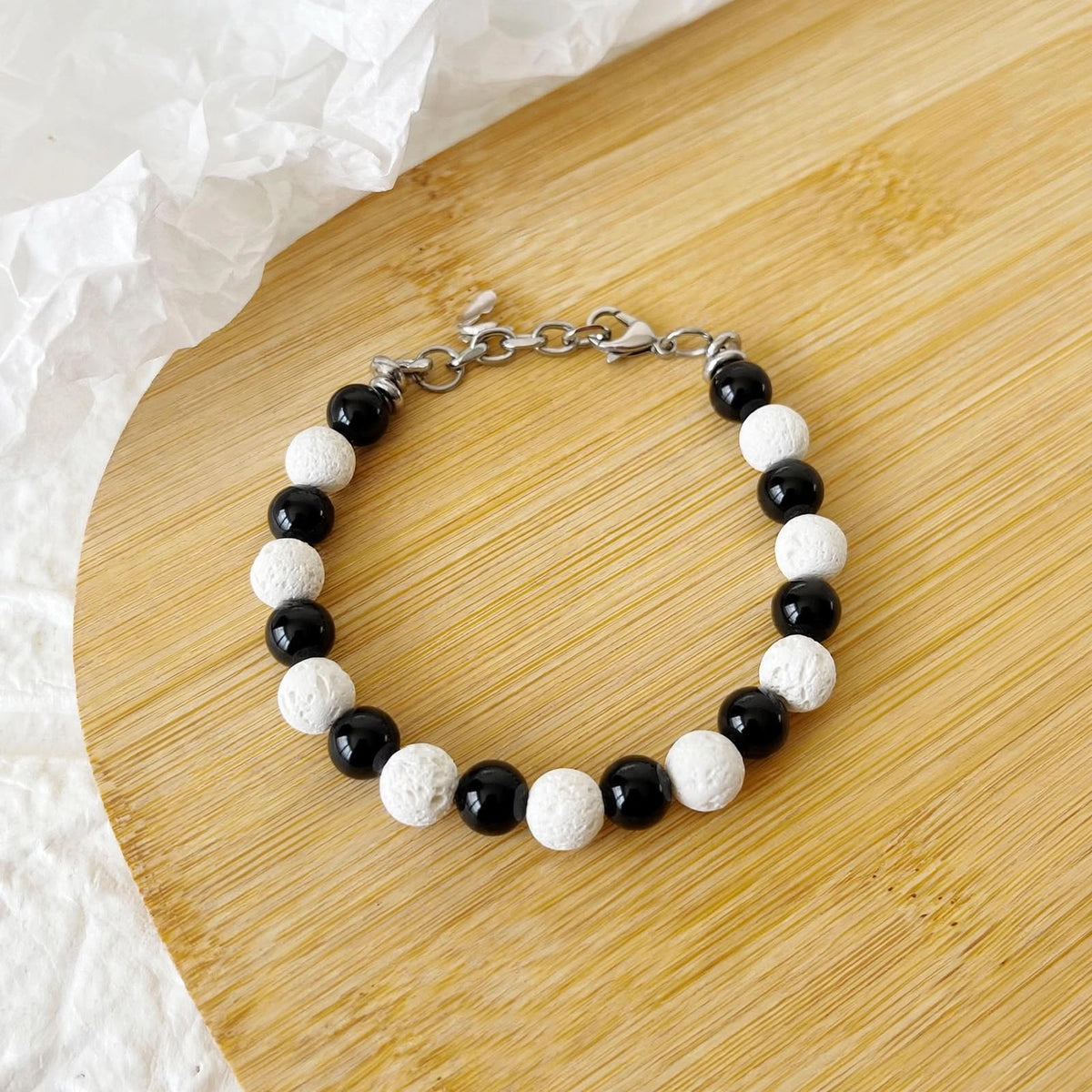 Pulsera de Acero, Piedra Volcánica y Ágata