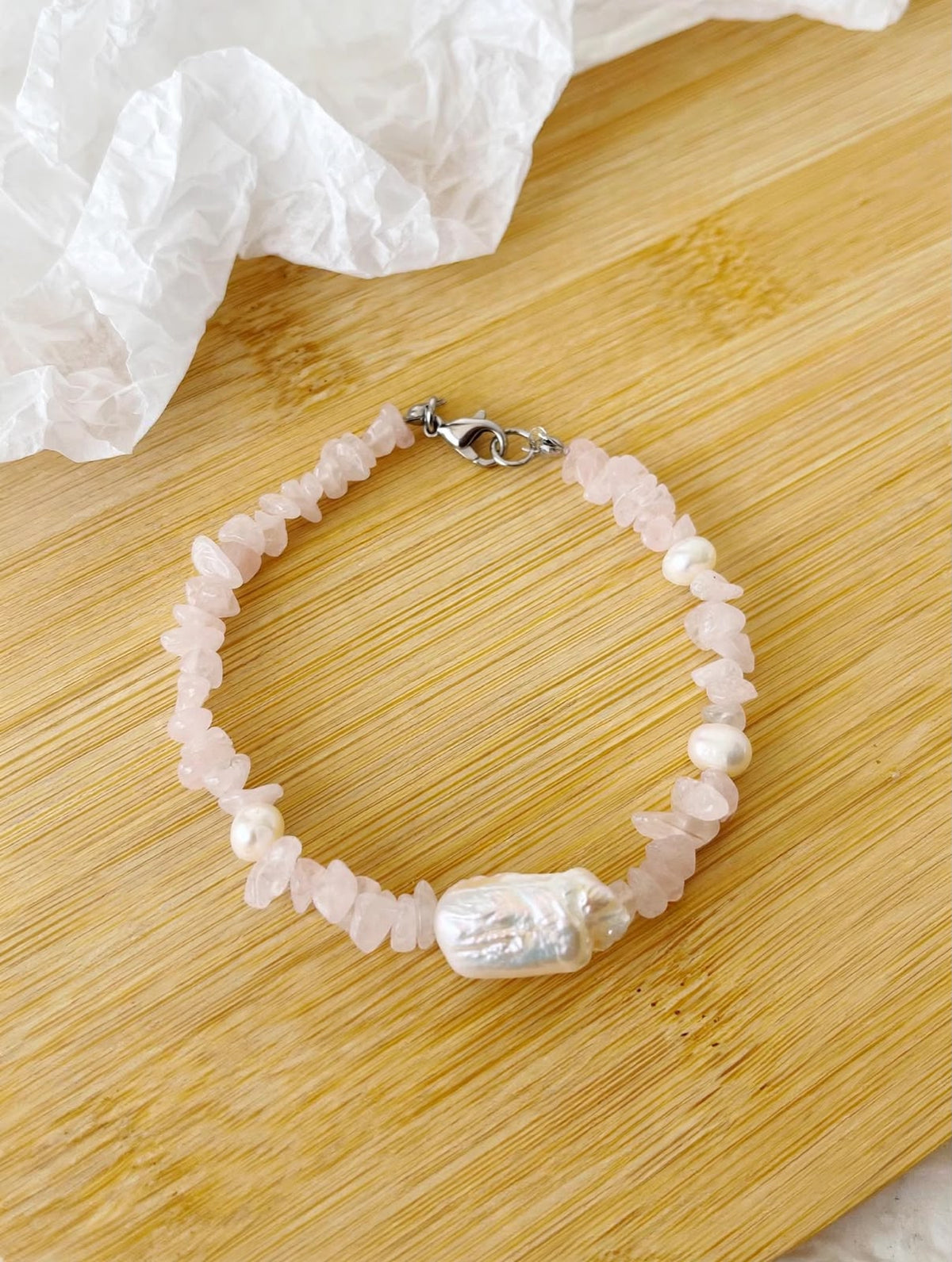 Pulsera de Acero, Piedra Natural Cuarzo Rosa y Perlas de Río