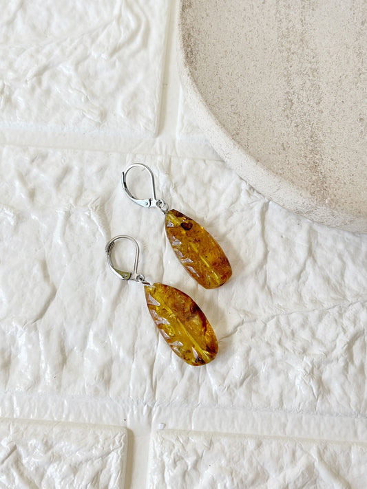 Caravanas de Acero Quirúrgico y Piedra Ámbar Báltico