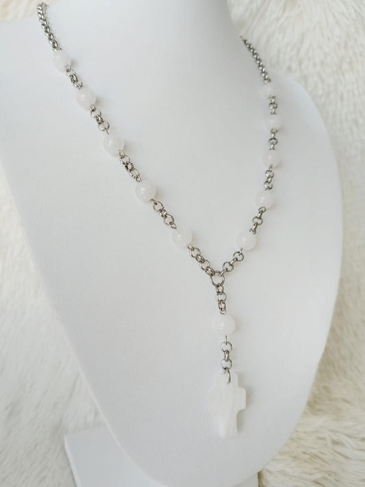 Collar Denario de Piedras Naturales Cuarzo Blanco, Ónix Blanco y Acero Quirúrgico