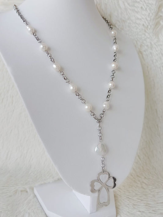 Collar Denario de Acero Quirúrgico, Perlas de Río y Nácar
