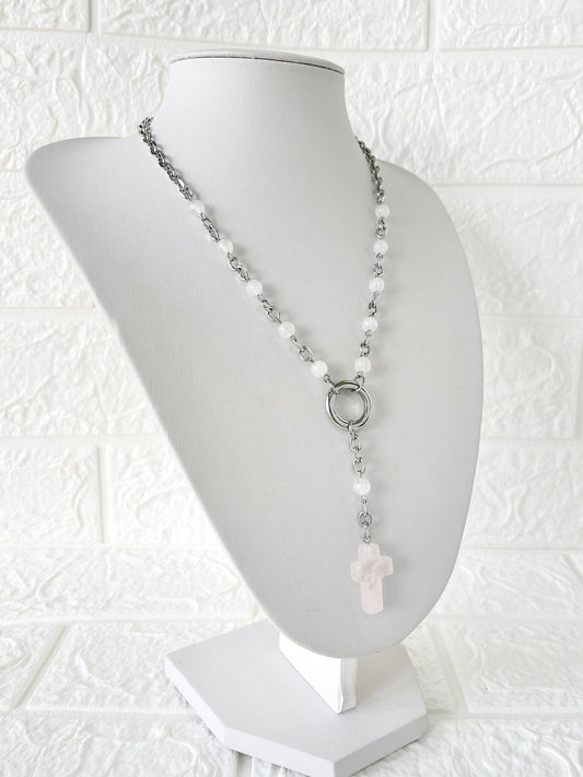 Collar Denario de Acero Quirúrgico y Piedra Natural Cuarzo Rosa