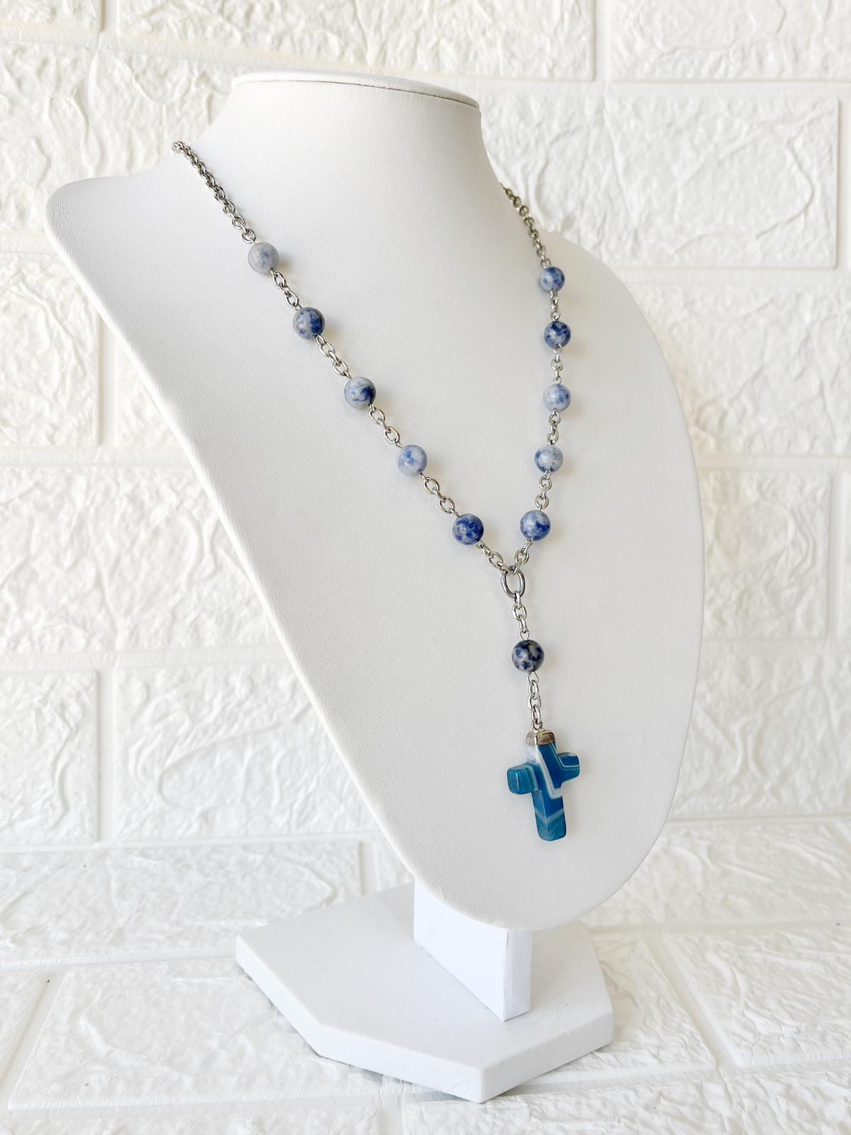 Collar Denario de Acero Quirúrgico y Piedras Naturales Cuarzo Azul y Ágata