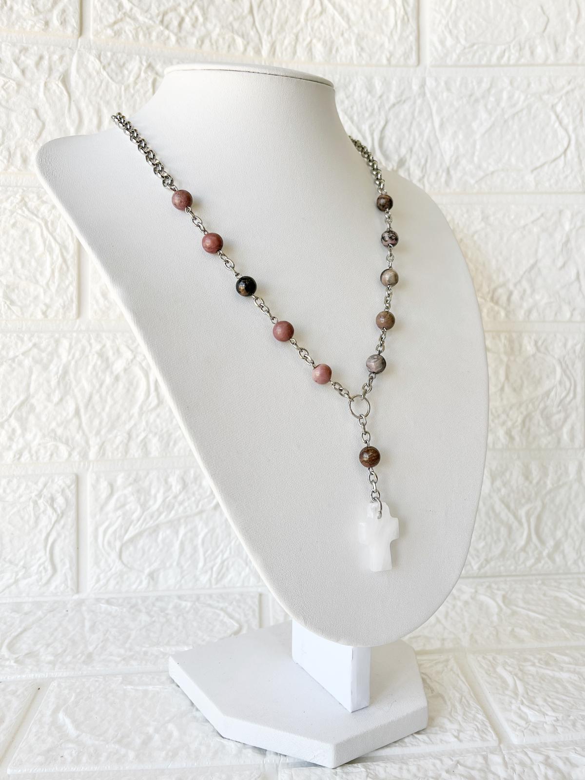 Collar Denario de Acero, Piedra Natural Rodonita y Ónix