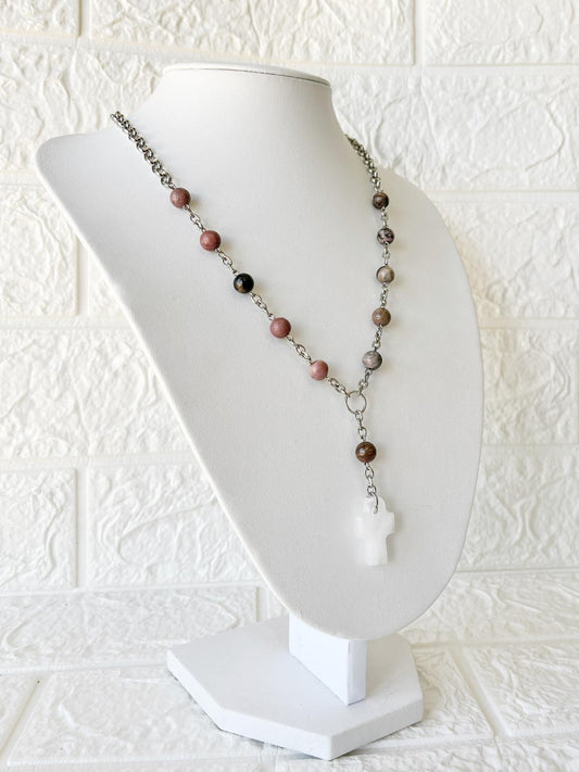 Collar Denario de Acero, Piedra Natural Rodonita y Ónix