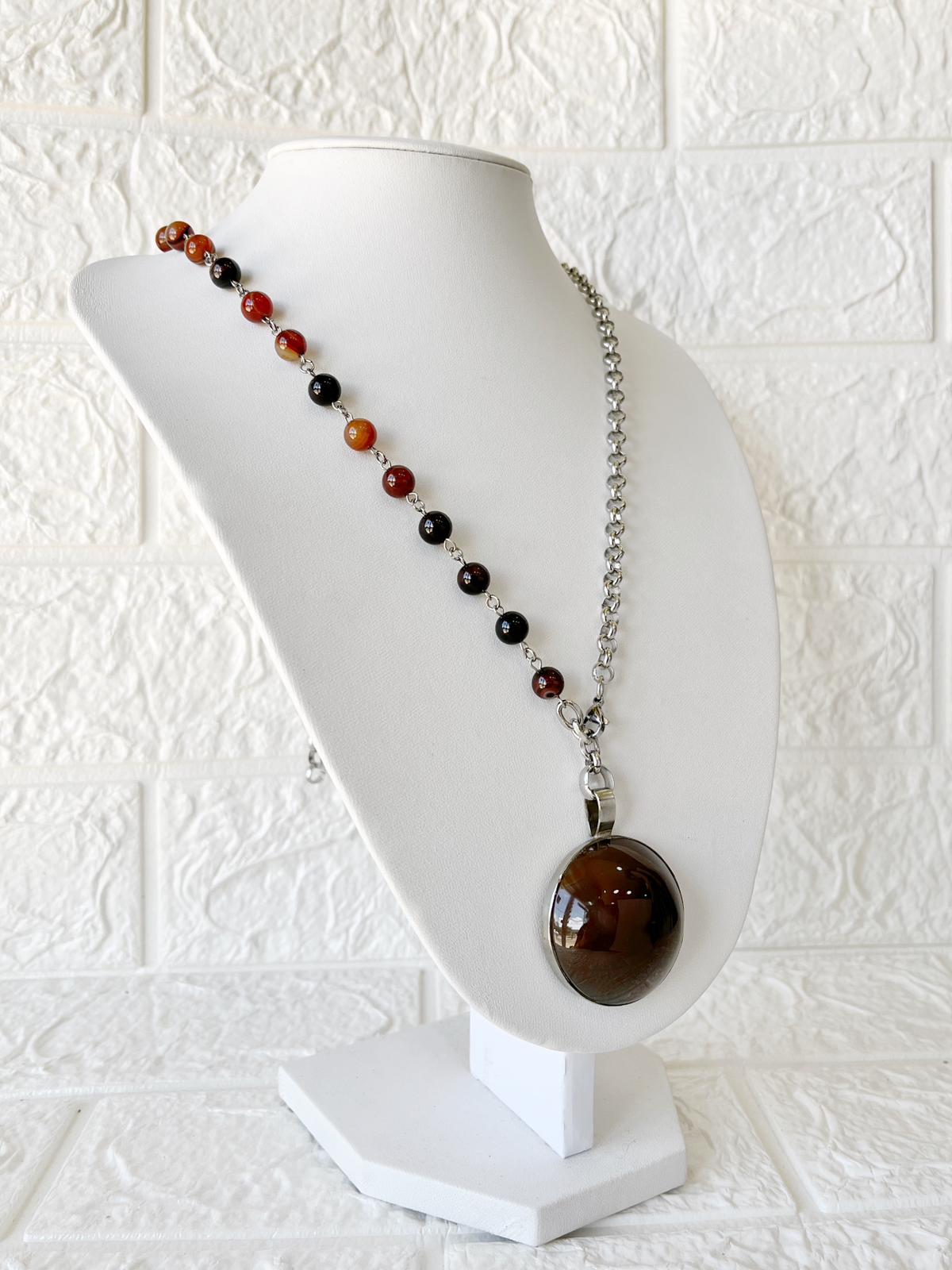 Collar de Acero Quirúrgico, Piedra Natural Ágata y Cornalina