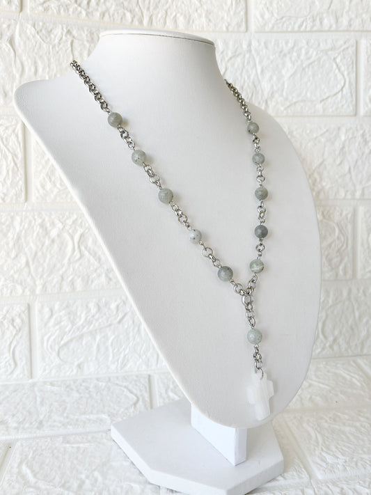 Collar Denario de Acero, Piedra Natural Labradorita y Ónix Blanco