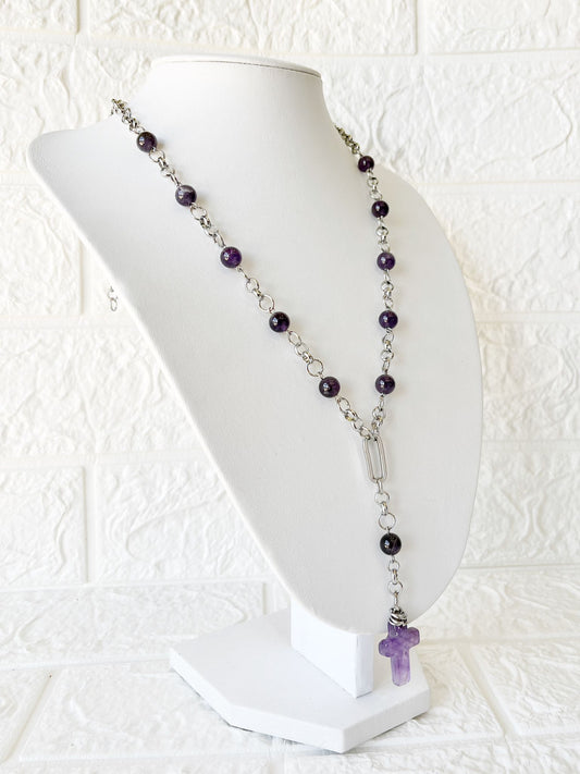 Collar Denario de Acero Quirúrgico y Piedra Natural Amatista