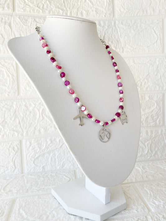 Collar Viajero de Acero, Piedras y Perlas