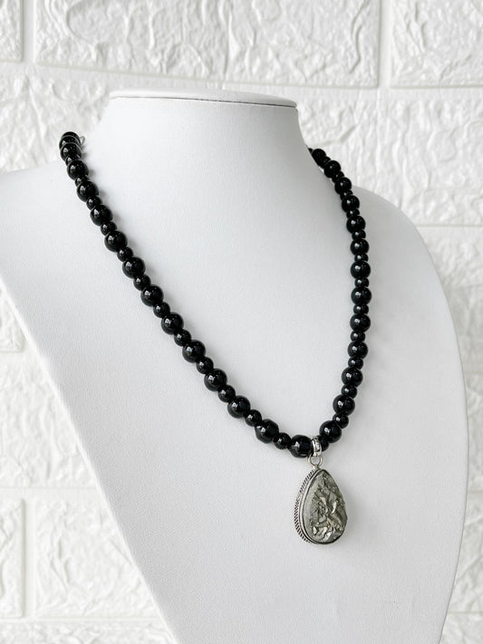 Collar de Acero Quirúrgico y Piedra Natural Obsidiana y Pirita
