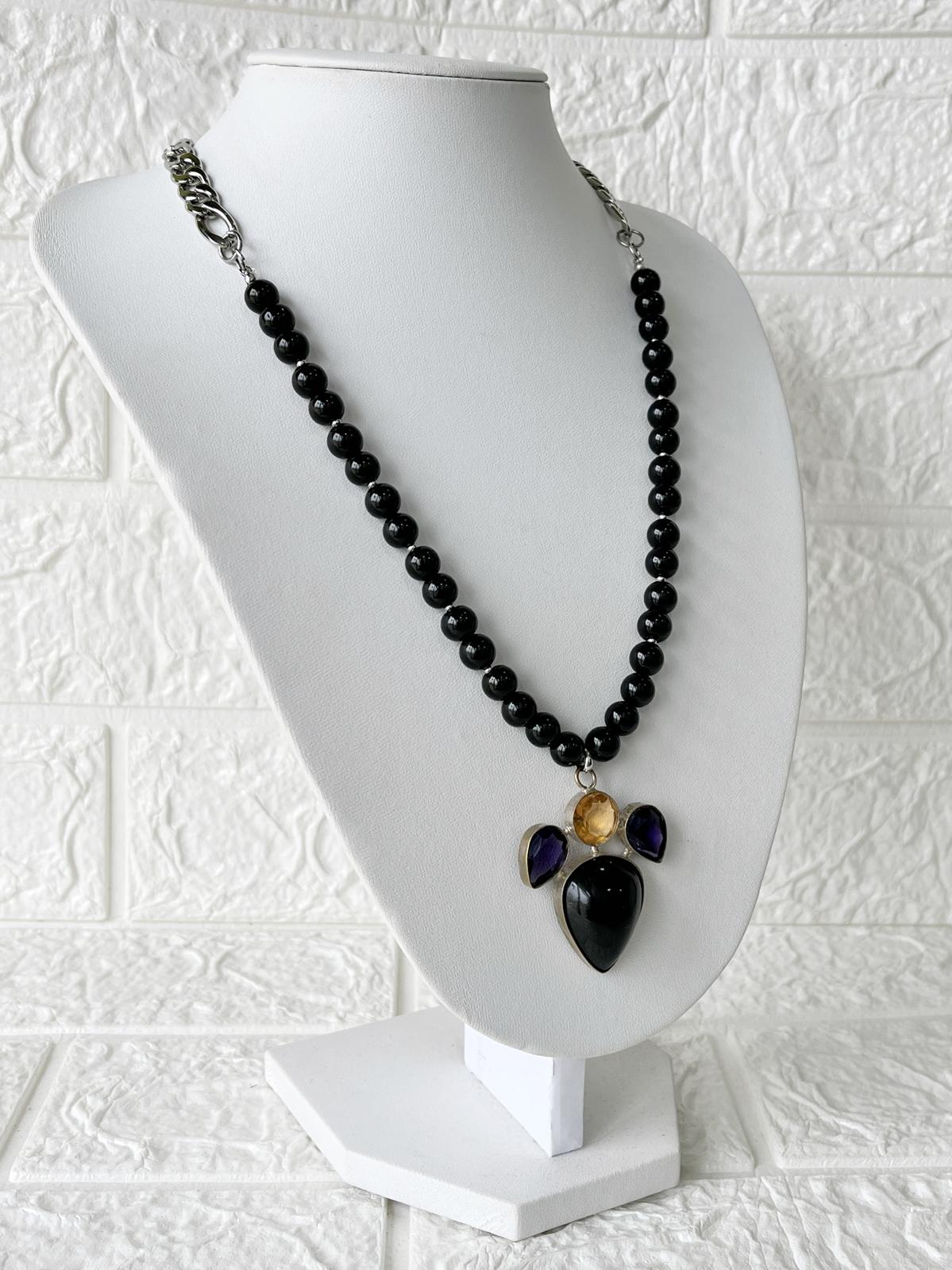 Conjunto de Acero, Piedras Naturales Obsidiana, Citrino y Amatista