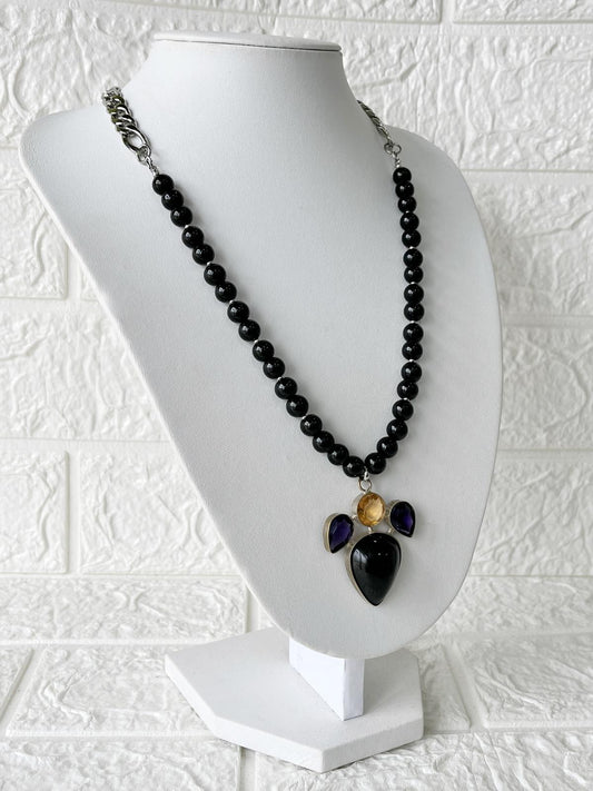 Collar de Acero, Piedras Naturales Obsidiana, Citrino y Amatista