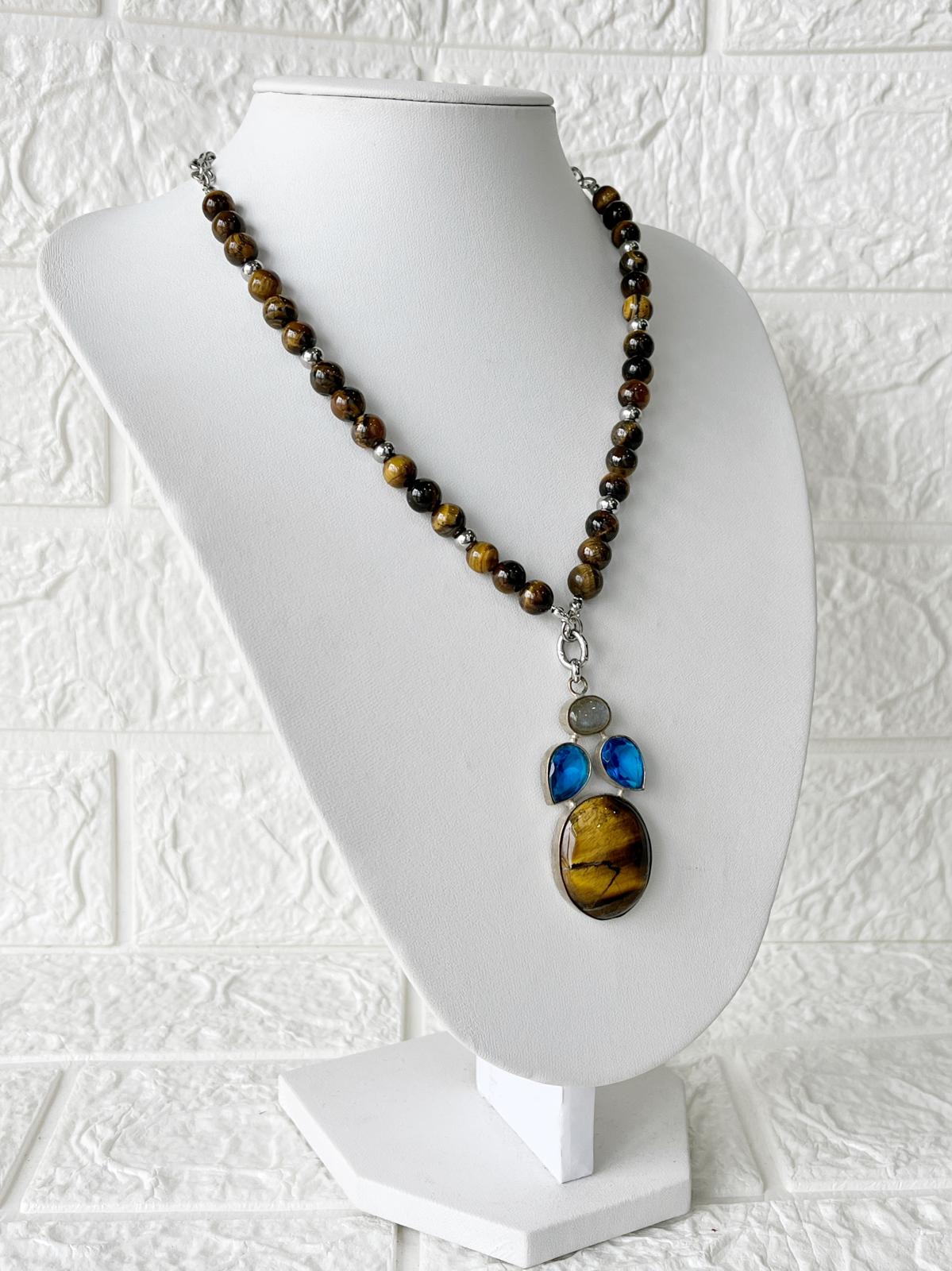 Collar de Piedras Naturales Labradorita, Ágata y Ojo de Tigre