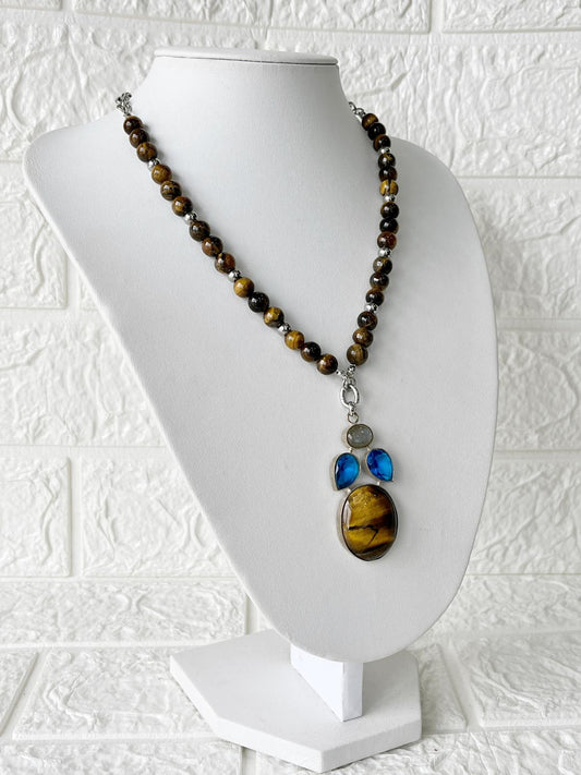Collar de Piedras Naturales Labradorita, Ágata y Ojo de Tigre