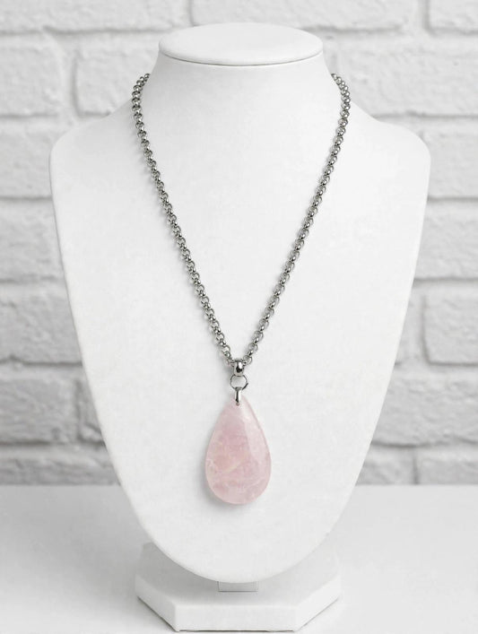 Collar de Acero Quirúrgico y Piedra Natural Cuarzo Rosa