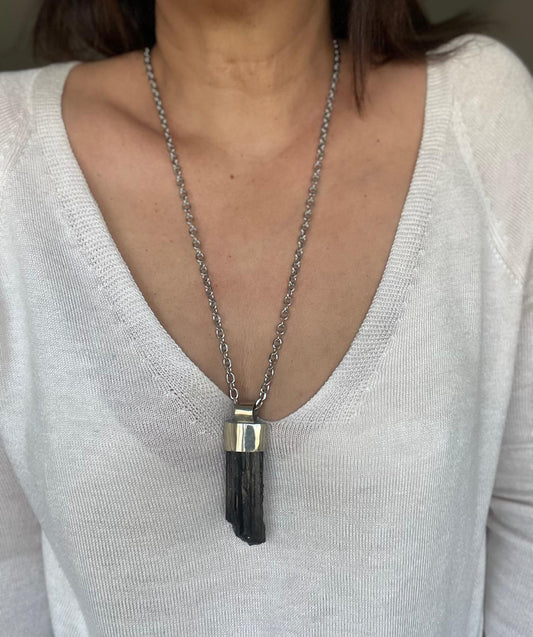Maxi Collar de Acero Quirúrgico y Piedra Natural Turmalina