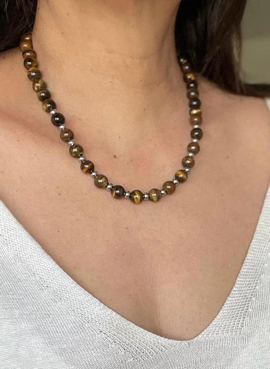 Collar de Acero Quirúrgico y Piedra Natural Ojo de Tigre
