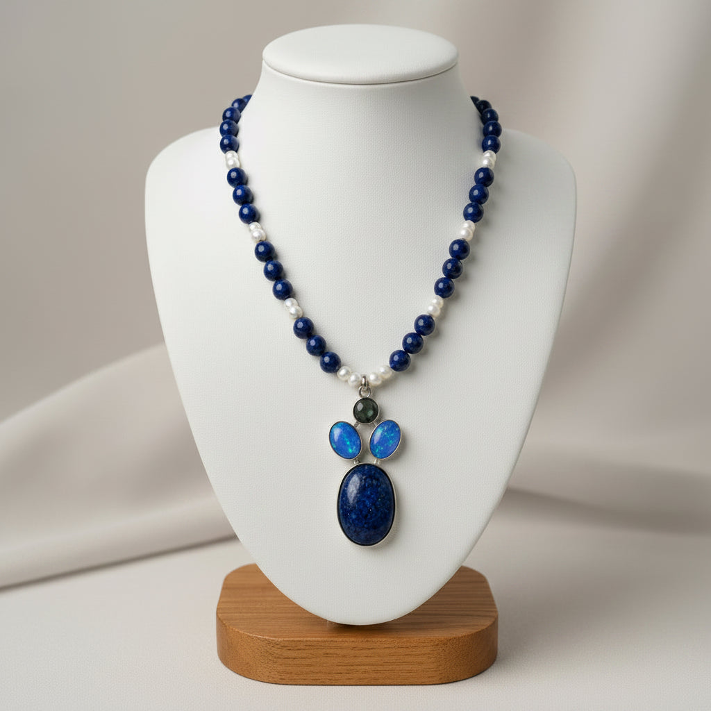 Collar de piedra  Lapislázuli,Perlas de Río,Labradorita
