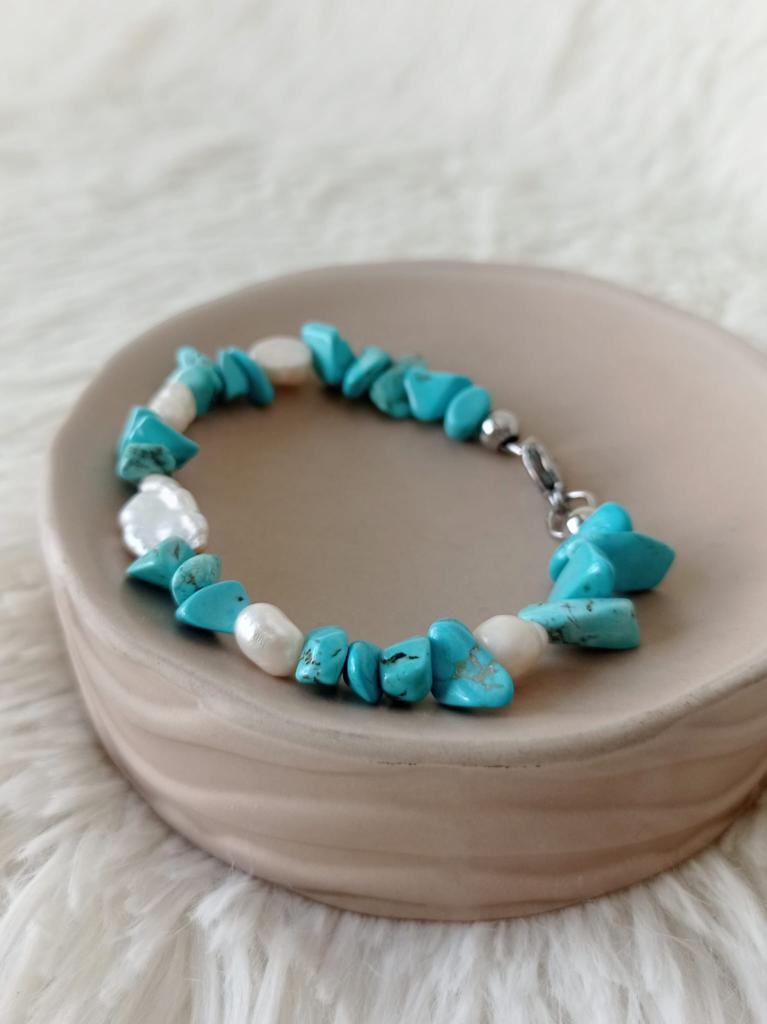 Pulsera de Acero, Piedras y Perlas de Río