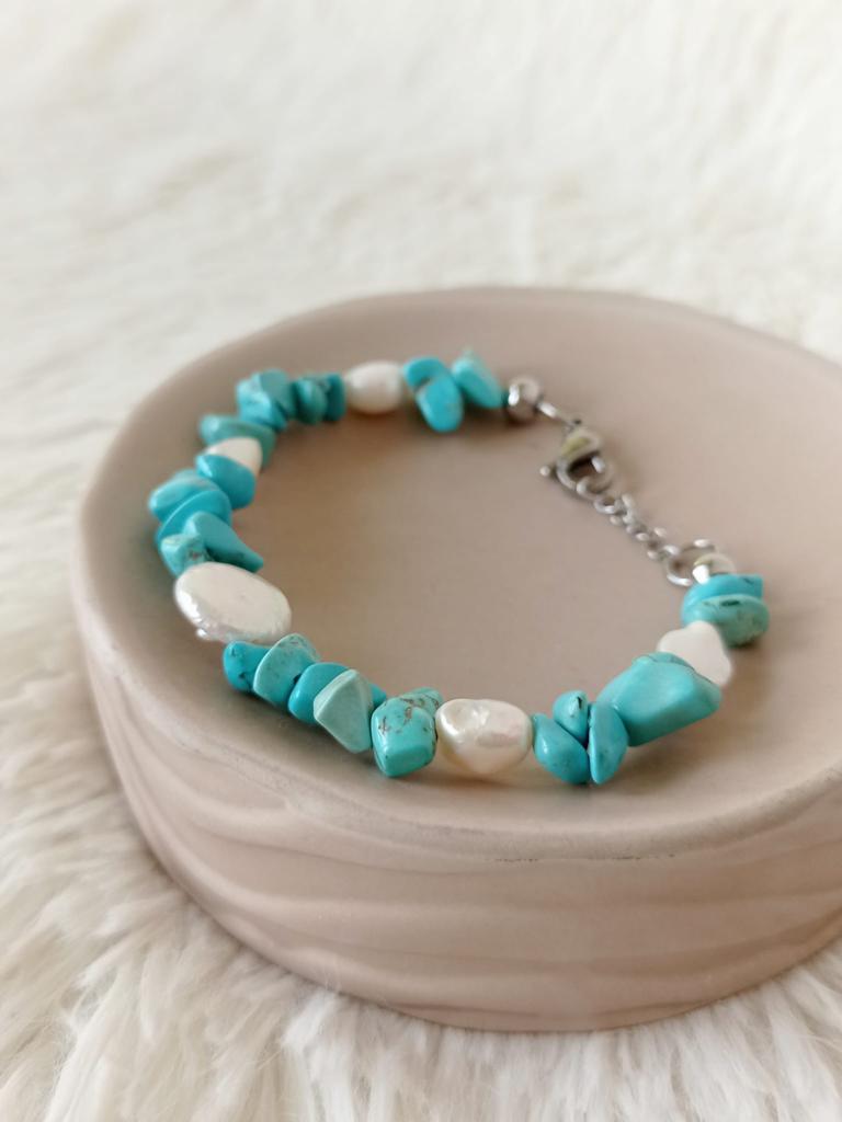 Pulsera de Acero, Piedras y Perlas de Río