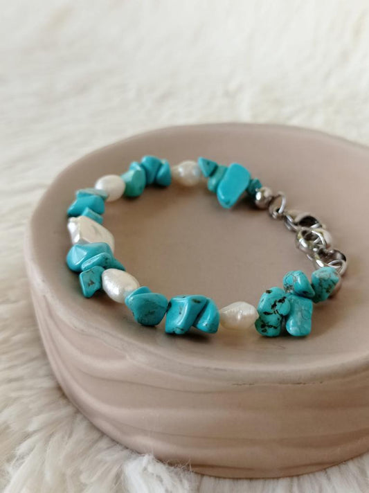 Pulsera de Acero, Piedras y Perlas de Río