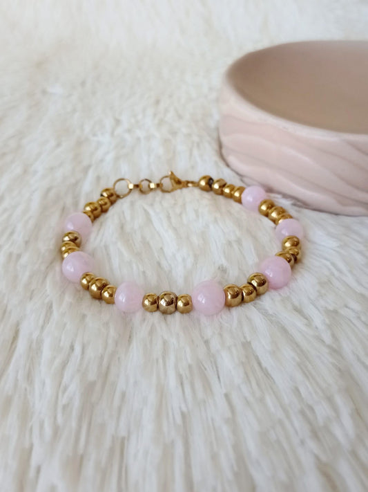 Pulsera de Acero Dorado y Piedras Naturales Cuarzo Rosa