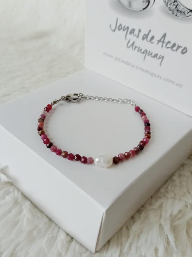 Pulsera de Acero, Piedras Naturales Turmalina y Perla de Río