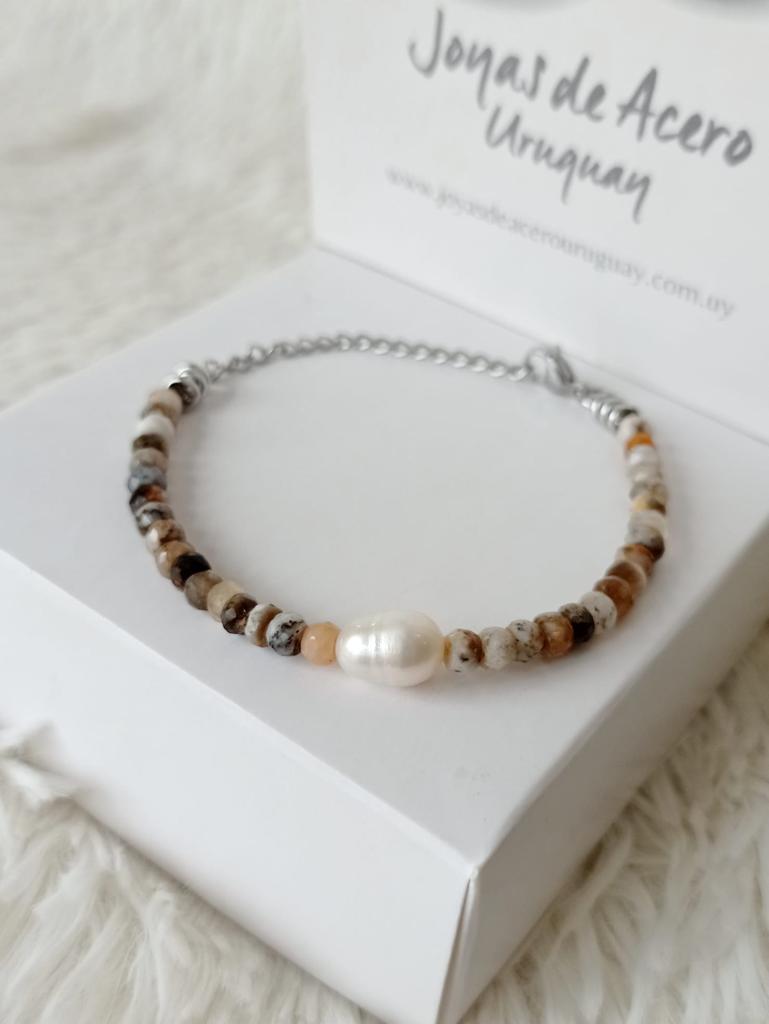 Pulsera de Acero, Piedras Naturales Ópalo y Perla de Río