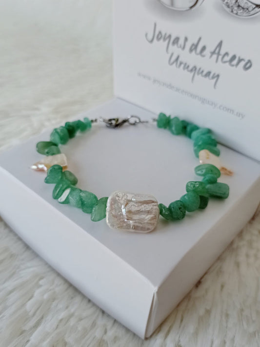 Pulsera de Acero Quirúrgico, Piedra Natural Cuarzo Verde y Perla Barroca