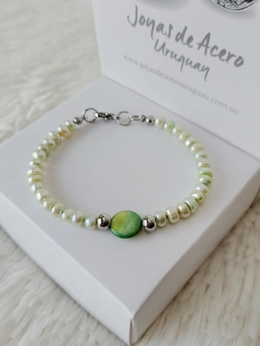 Pulsera de Acero Quirúrgico, Nácar y Perla de Río