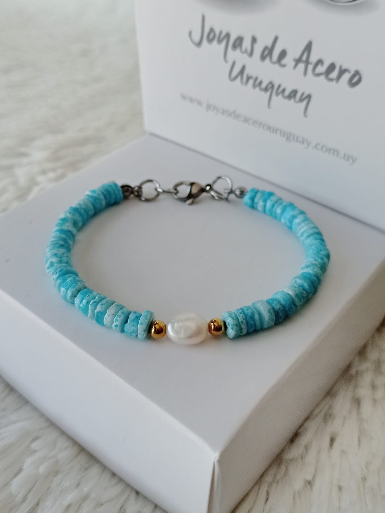 Pulsera de Acero Quirúrgico, Nácar y Perla de Río