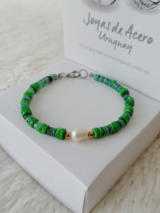 Pulsera de Acero Quirúrgico, Nácar y Perla de Río