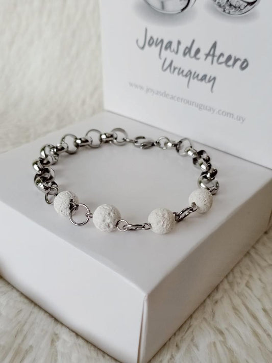 Pulsera de Acero Quirúrgico y Piedra Volcánica Blanca