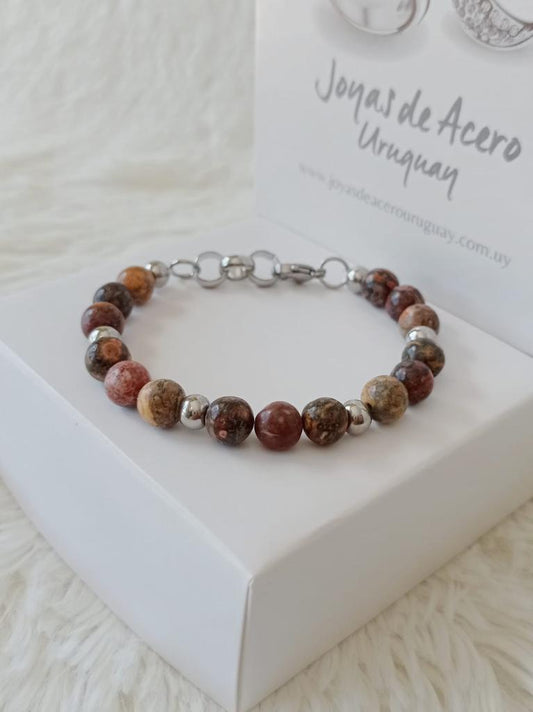 Pulsera de Acero Quirúrgico y Piedra Natural Rodonita
