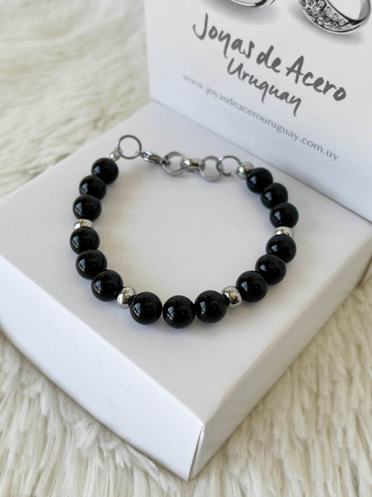 Pulsera de Acero Quirúrgico y Piedras Naturales Obsidiana