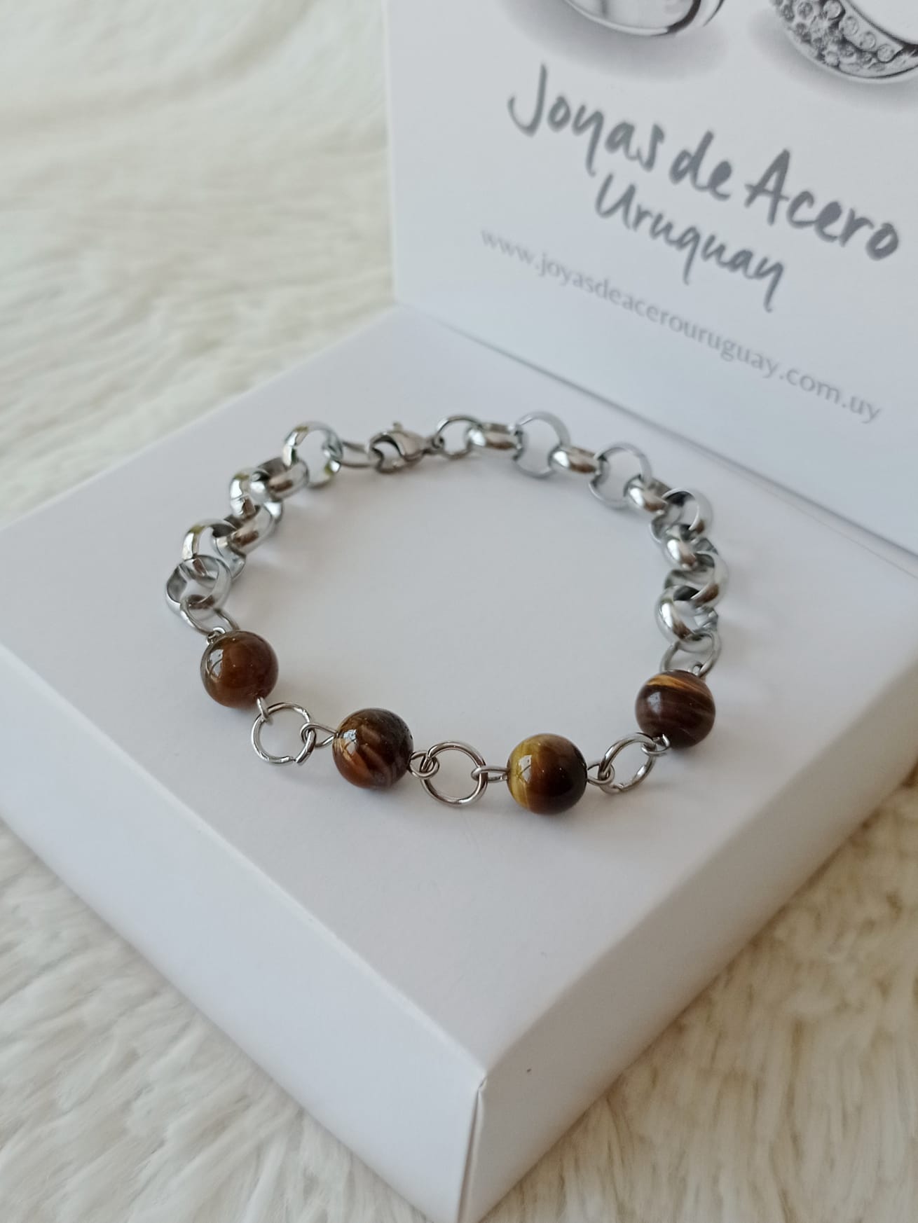 Pulsera de Acero Quirúrgico y Piedra Natural Ojo de Tigre