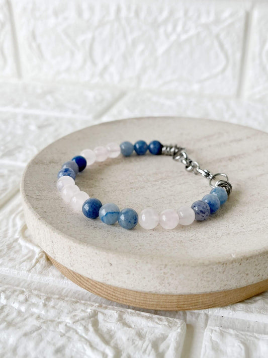 Pulsera de Acero Quirúrgico y Piedra Natural Cuarzo Azul y Rosa