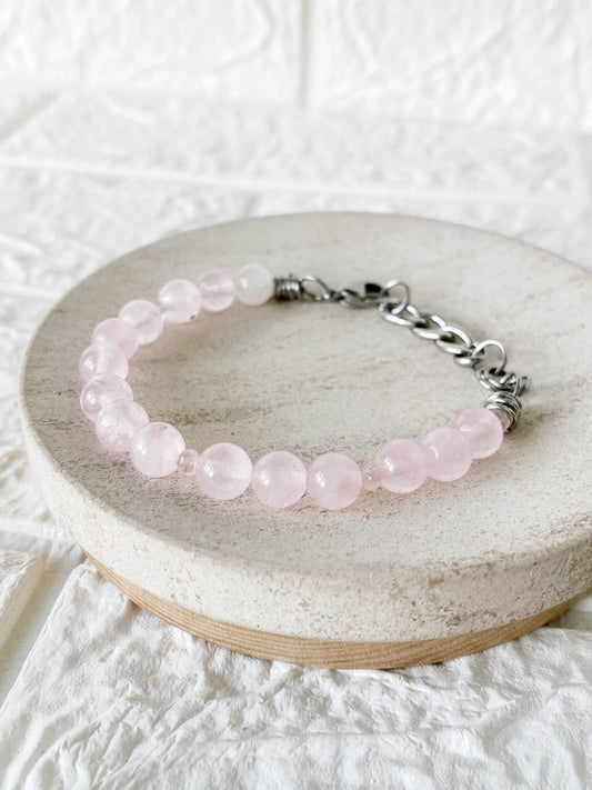 Pulsera de Acero Quirúrgico y Piedra Natural Cuarzo Rosa